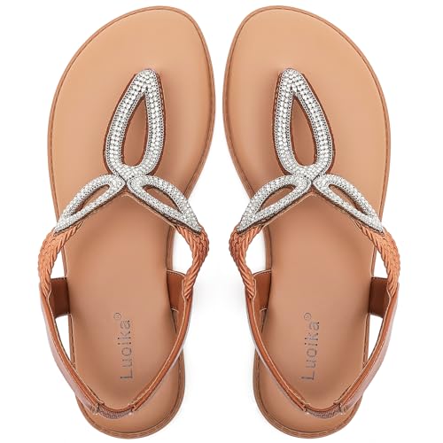 Luoika Women's Wide Width Flat Slides Sandals, Flip Flop Strappy Rhinestone Thong Sandals Comfortable Summer Beach Shoes for Women.