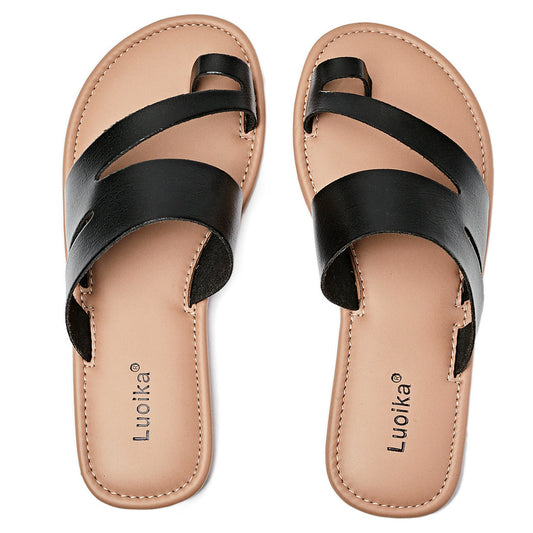 Luoika Women's Wide Width Flat Sandals, Flip Flop Slides Sandal Casual Strapy Sandal Slip on Summer Beach Shoes for Women.
