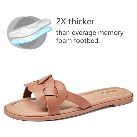 Luoika Women's Wide Width Flat Slides Sandals, Casual Comfortable Summer Beach Shoes Slip on Slide Sandal for Women.
