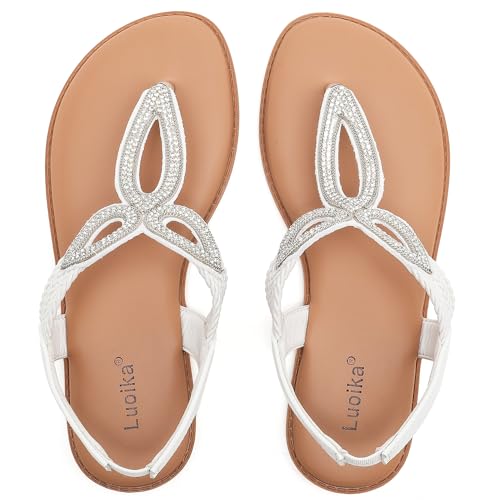 Luoika Women's Wide Width Flat Slides Sandals, Flip Flop Strappy Rhinestone Thong Sandals Comfortable Summer Beach Shoes for Women.