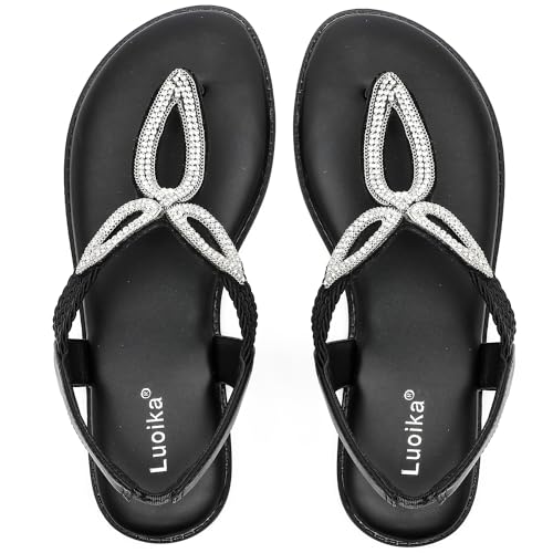 Luoika Women's Wide Width Flat Slides Sandals, Flip Flop Strappy Rhinestone Thong Sandals Comfortable Summer Beach Shoes for Women.