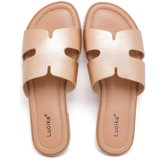 Luoika Women's Wide Width Flat Slides Sandals, Casual Comfortable Summer Beach Shoes Slip on Slide Sandal for Women.
