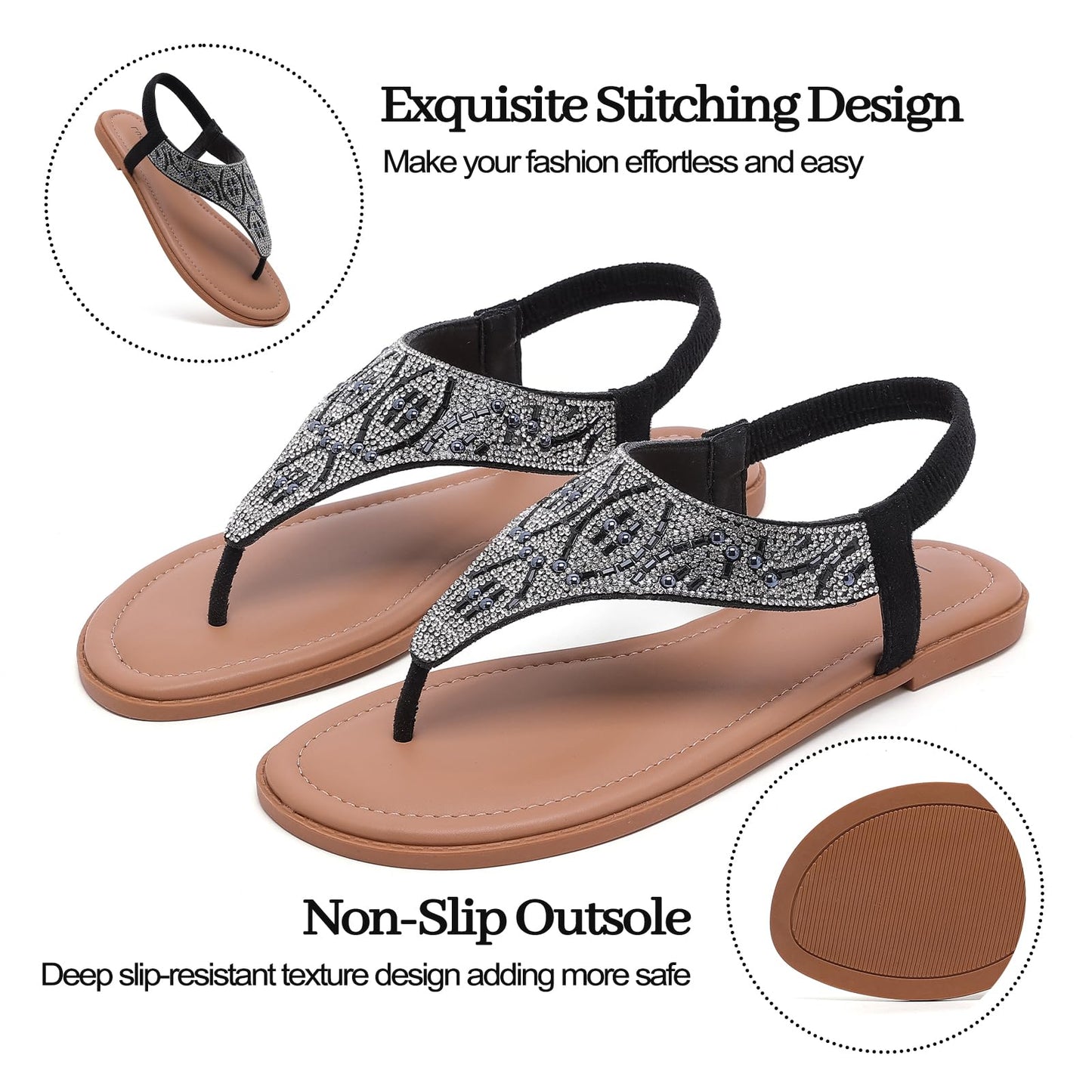 Luoika Women's Wide Width Flat Sandals, Flip Flop Thong Sandals Strappy Rhinestone Comfortable Summer Beach Shoes for Women.