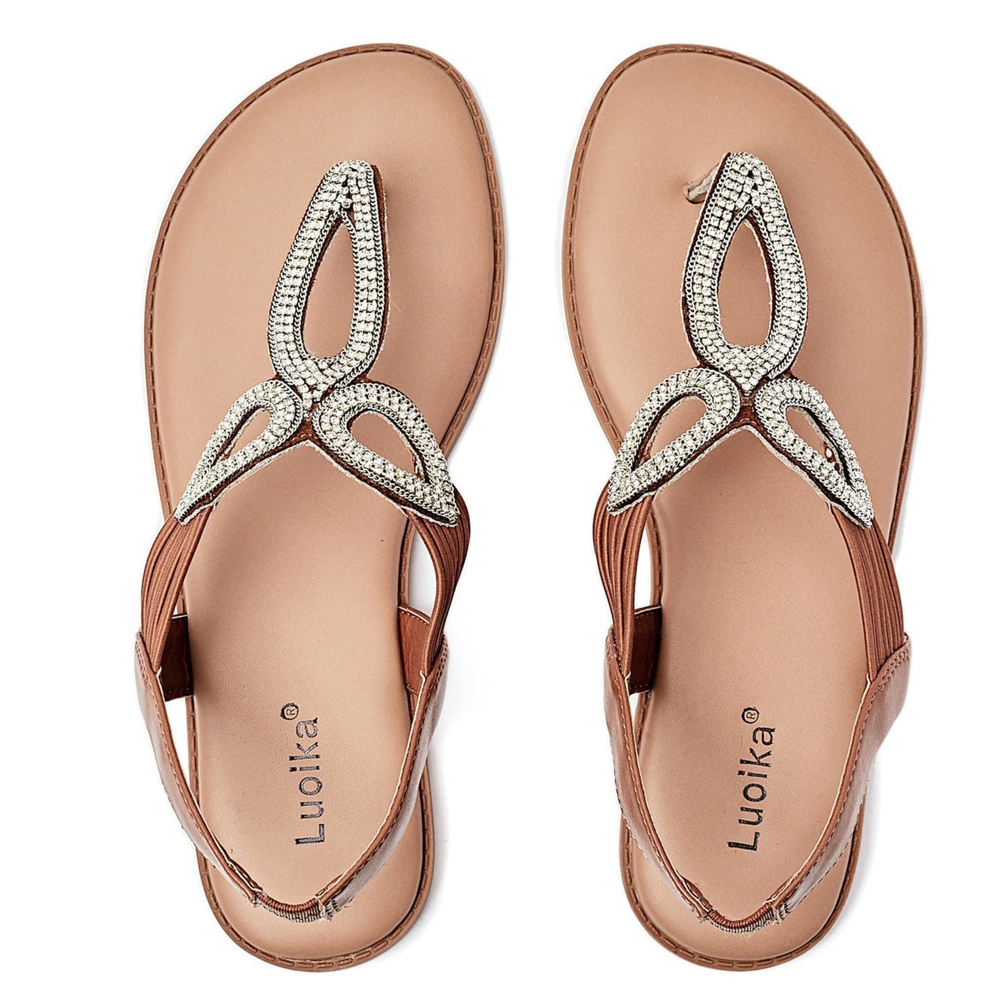 Luoika Women's Wide Width Flat Slides Sandals, Flip Flop Strappy Rhinestone Thong Sandals Comfortable Summer Beach Shoes for Women.