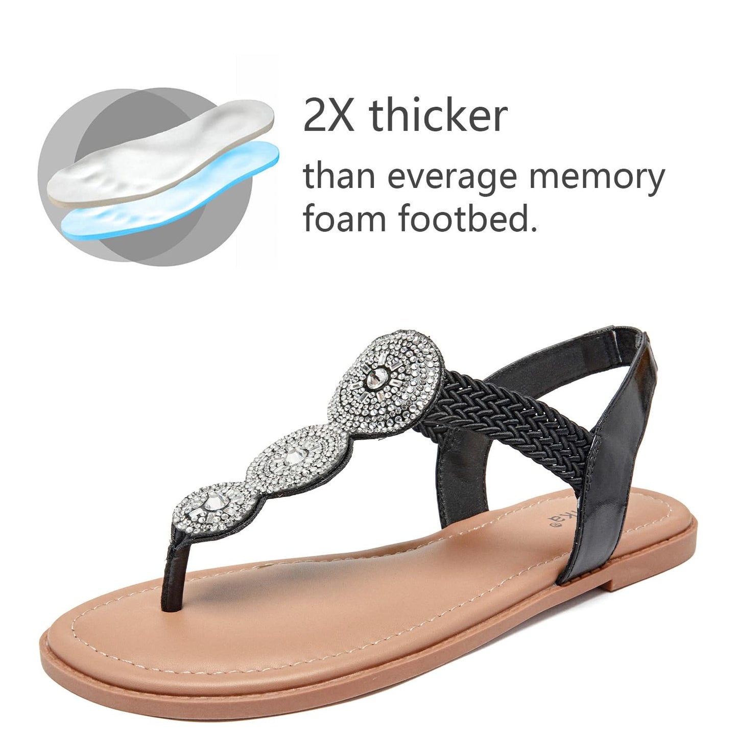 Luoika Women's Wide Width Flat Sandals, Flip Flop Thong Sandals Strappy Rhinestone Comfortable Summer Beach Shoes for Women.