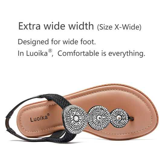 Luoika Women's Wide Width Flat Sandals, Flip Flop Thong Sandals Strappy Rhinestone Comfortable Summer Beach Shoes for Women.