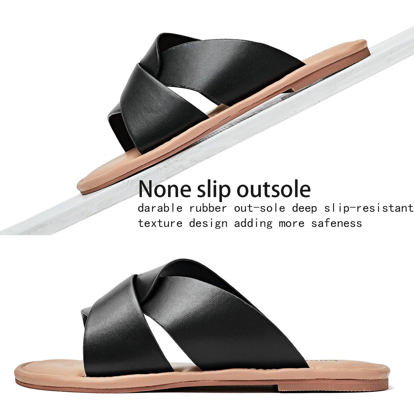 Luoika Women's Wide Width Flat Slides Sandals, Strapy Slide Sandal Slip on Dressy Summer Shoes for Women.