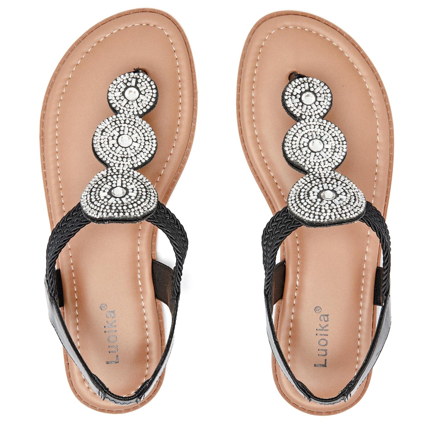 Luoika Women's Wide Width Flat Sandals, Flip Flop Thong Sandals Strappy Rhinestone Comfortable Summer Beach Shoes for Women.
