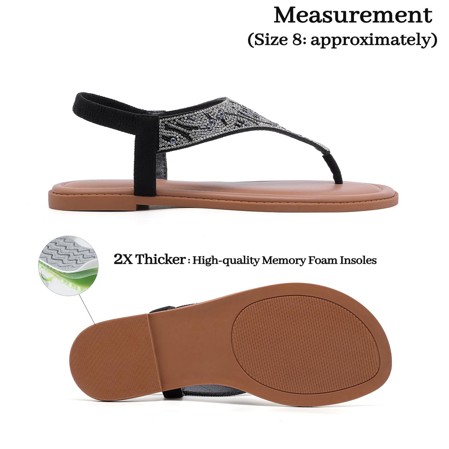 Luoika Women's Wide Width Flat Sandals, Flip Flop Thong Sandals Strappy Rhinestone Comfortable Summer Beach Shoes for Women.