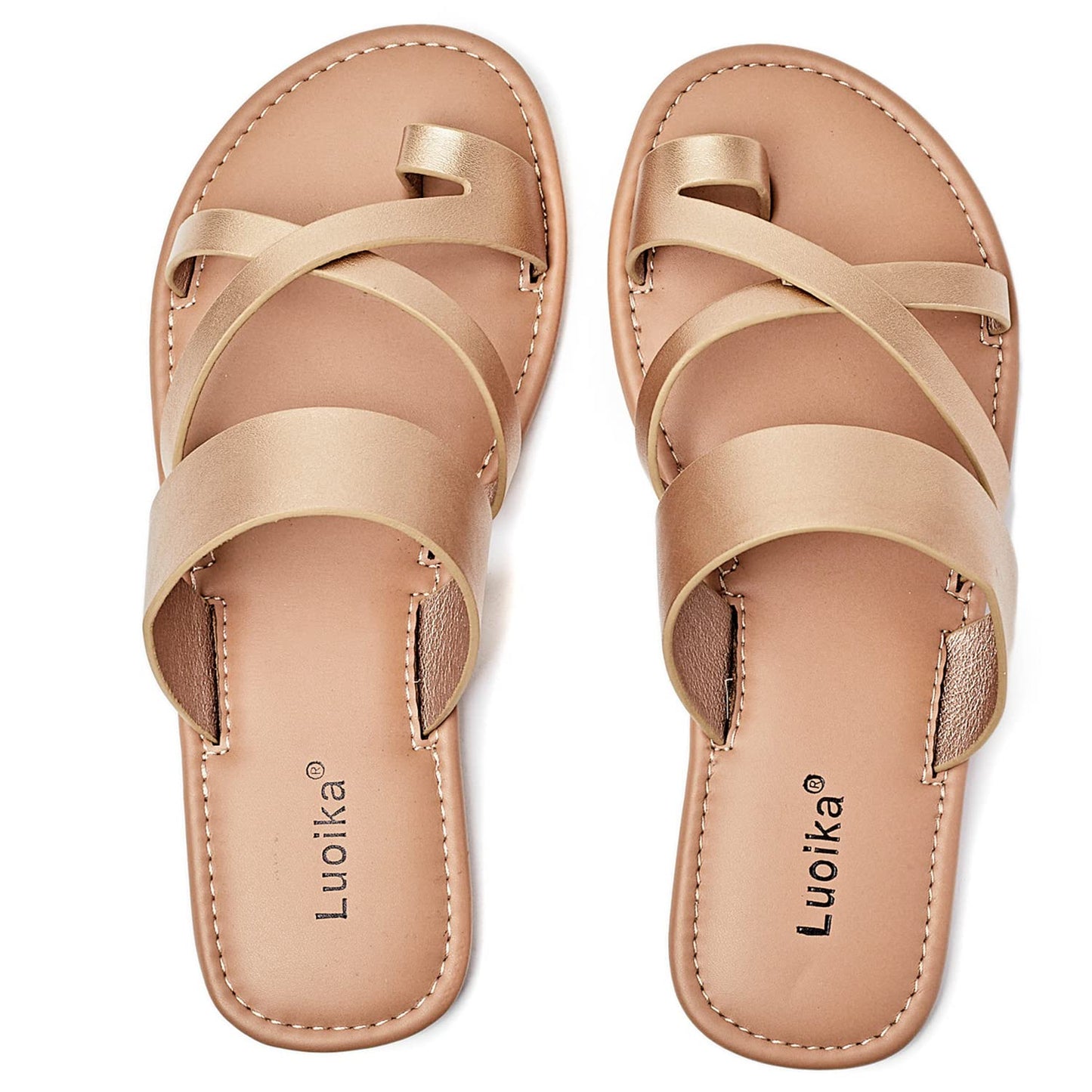 Luoika Women's Wide Width Flat Sandals, Flip Flop Slides Sandal Casual Strapy Sandal Slip on Summer Beach Shoes for Women.