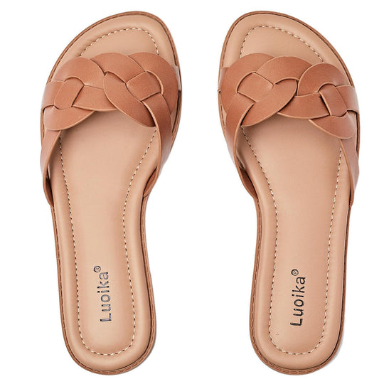 Luoika Women's Wide Width Flat Slides Sandals, Casual Comfortable Summer Beach Shoes Slip on Slide Sandal for Women.