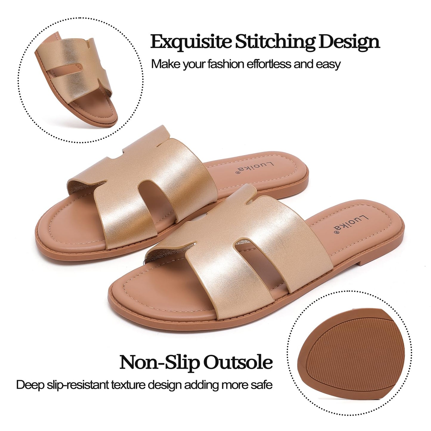 Luoika Women's Wide Width Flat Slides Sandals, Casual Comfortable Summer Beach Shoes Slip on Slide Sandal for Women.