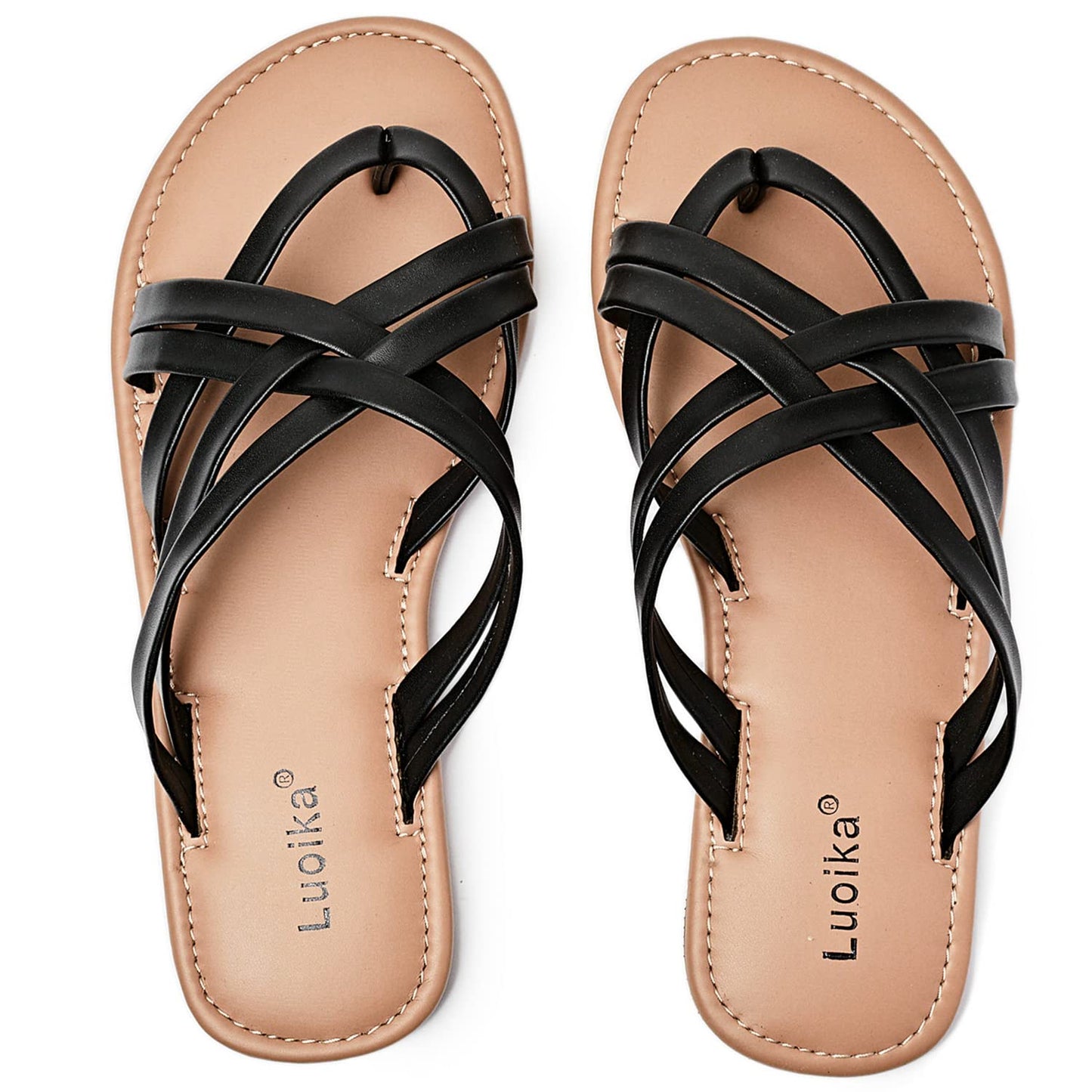 Luoika Women's Wide Width Flat Sandals, Flip Flop Slides Sandal Casual Strapy Sandal Slip on Summer Beach Shoes for Women.