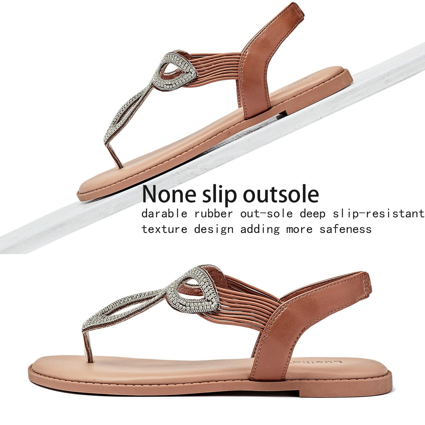 Luoika Women's Wide Width Flat Slides Sandals, Flip Flop Strappy Rhinestone Thong Sandals Comfortable Summer Beach Shoes for Women.