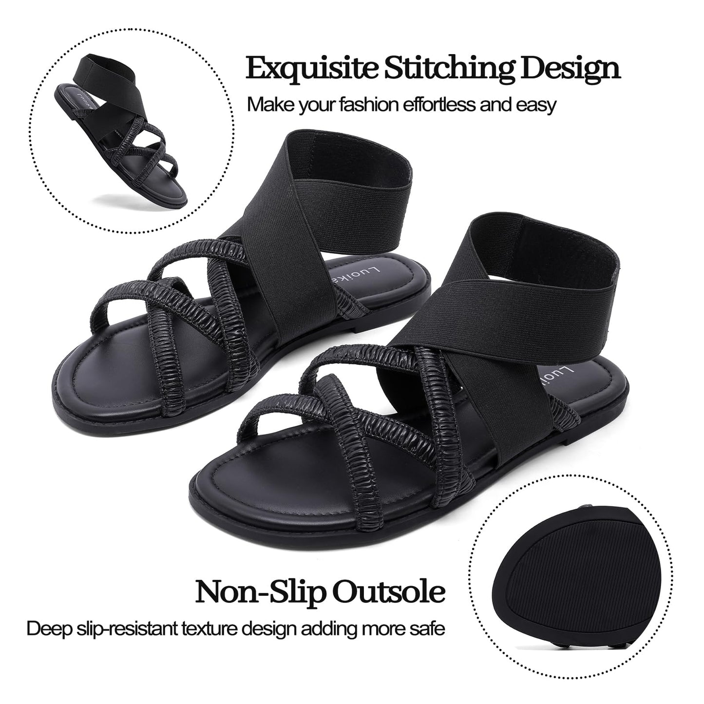 Luoika Women's Wide Width Flat Sandals, Elastic Band Ankle Strap Strappy Slide Sandals Slip on Dressy Summer Beach Shoes for Women.