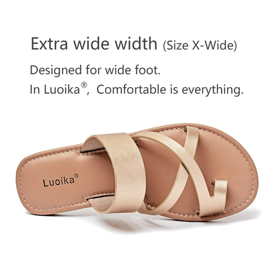 Luoika Women's Wide Width Flat Sandals, Flip Flop Slides Sandal Casual Strapy Sandal Slip on Summer Beach Shoes for Women.