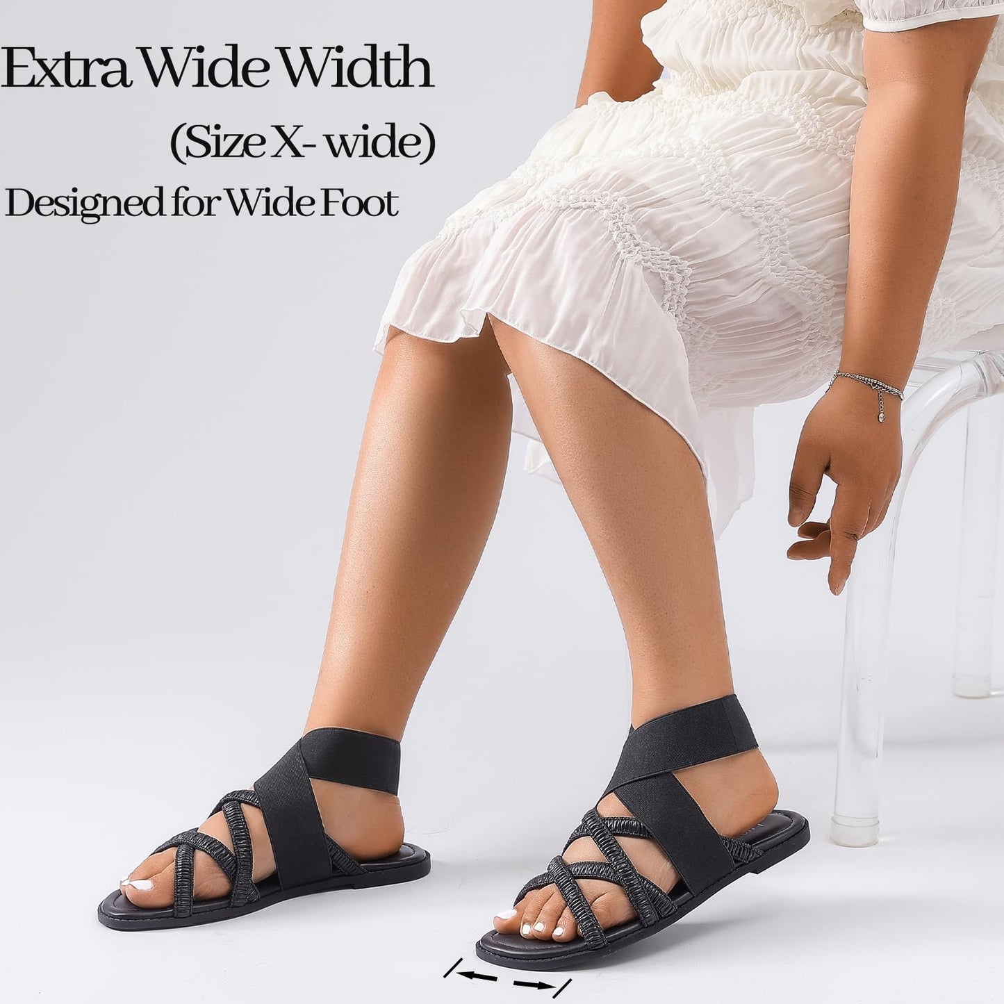 Luoika Women's Wide Width Flat Sandals, Elastic Band Ankle Strap Strappy Slide Sandals Slip on Dressy Summer Beach Shoes for Women.