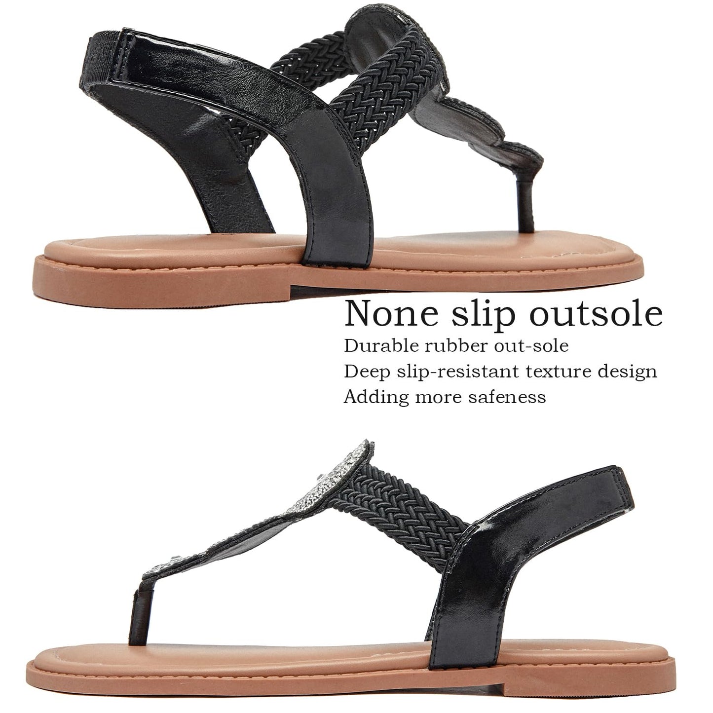 Luoika Women's Wide Width Flat Sandals, Flip Flop Thong Sandals Strappy Rhinestone Comfortable Summer Beach Shoes for Women.