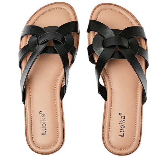 Luoika Women's Wide Width Flat Slides Sandals, Slip on Slide Sandal Casual Comfortable Summer Beach Shoes for Women.