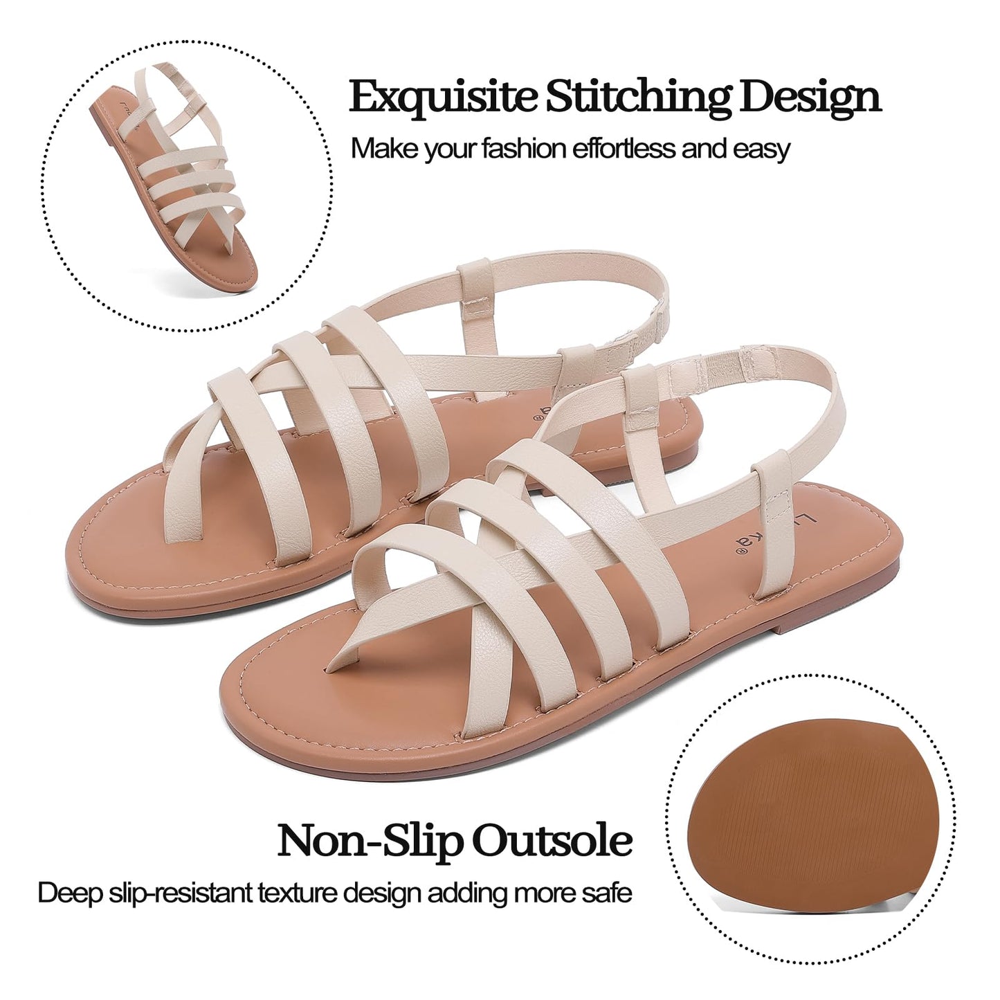 Luoika Women's Wide Width Flat Sandals, Flip Flop Casual Strapy Sandals Slip on Summer Beach Shoes for Women.