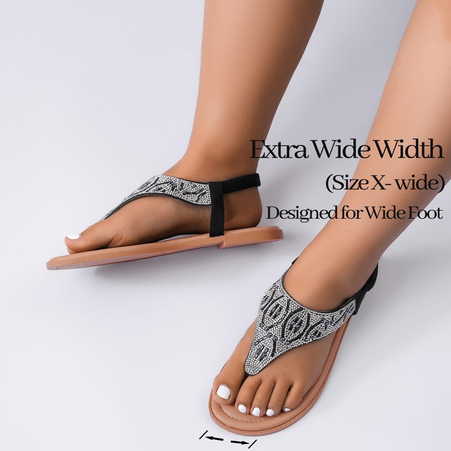 Luoika Women's Wide Width Flat Sandals, Flip Flop Thong Sandals Strappy Rhinestone Comfortable Summer Beach Shoes for Women.