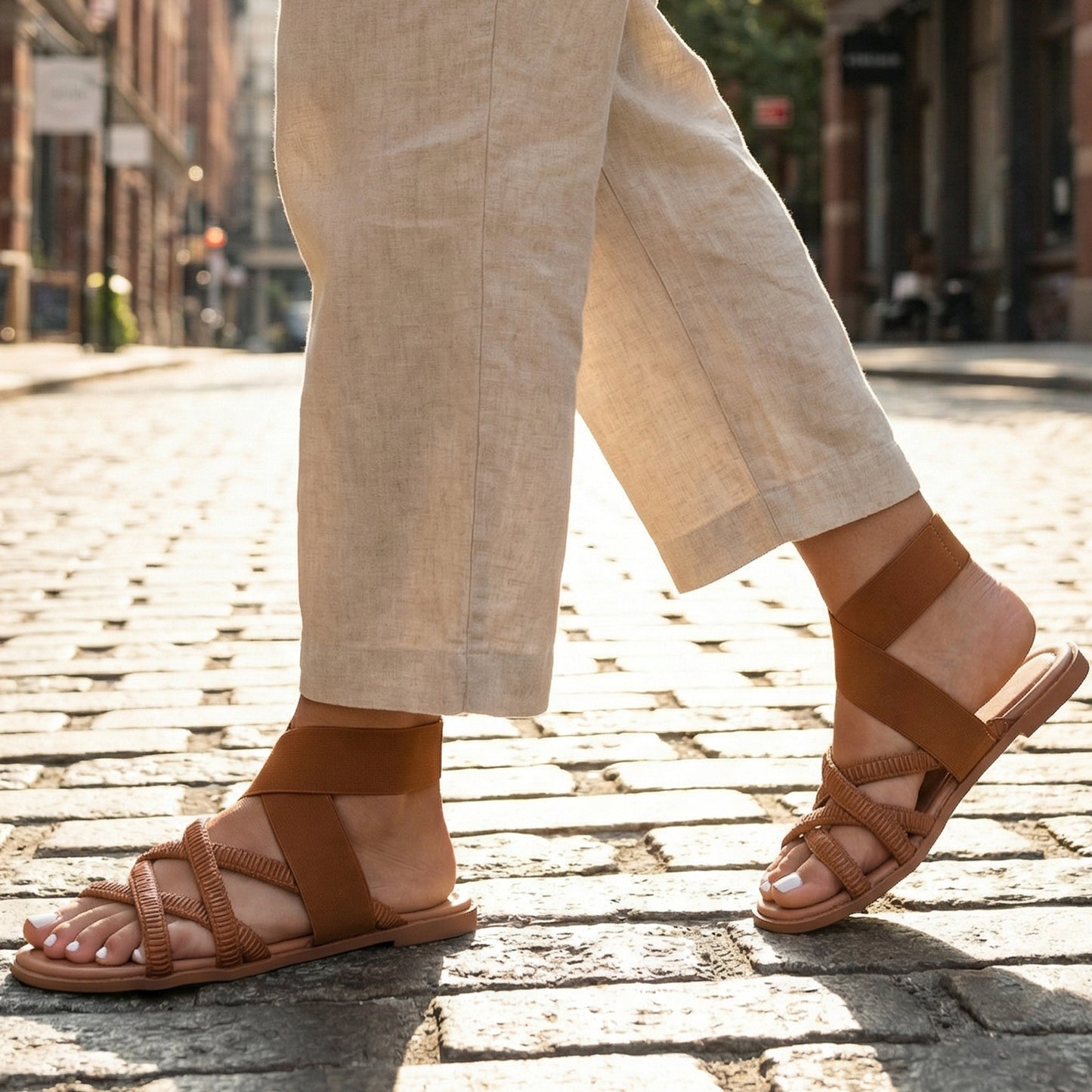 Luoika Women's Wide Width Flat Sandals, Elastic Band Ankle Strap Strappy Slide Sandals Slip on Dressy Summer Beach Shoes for Women.