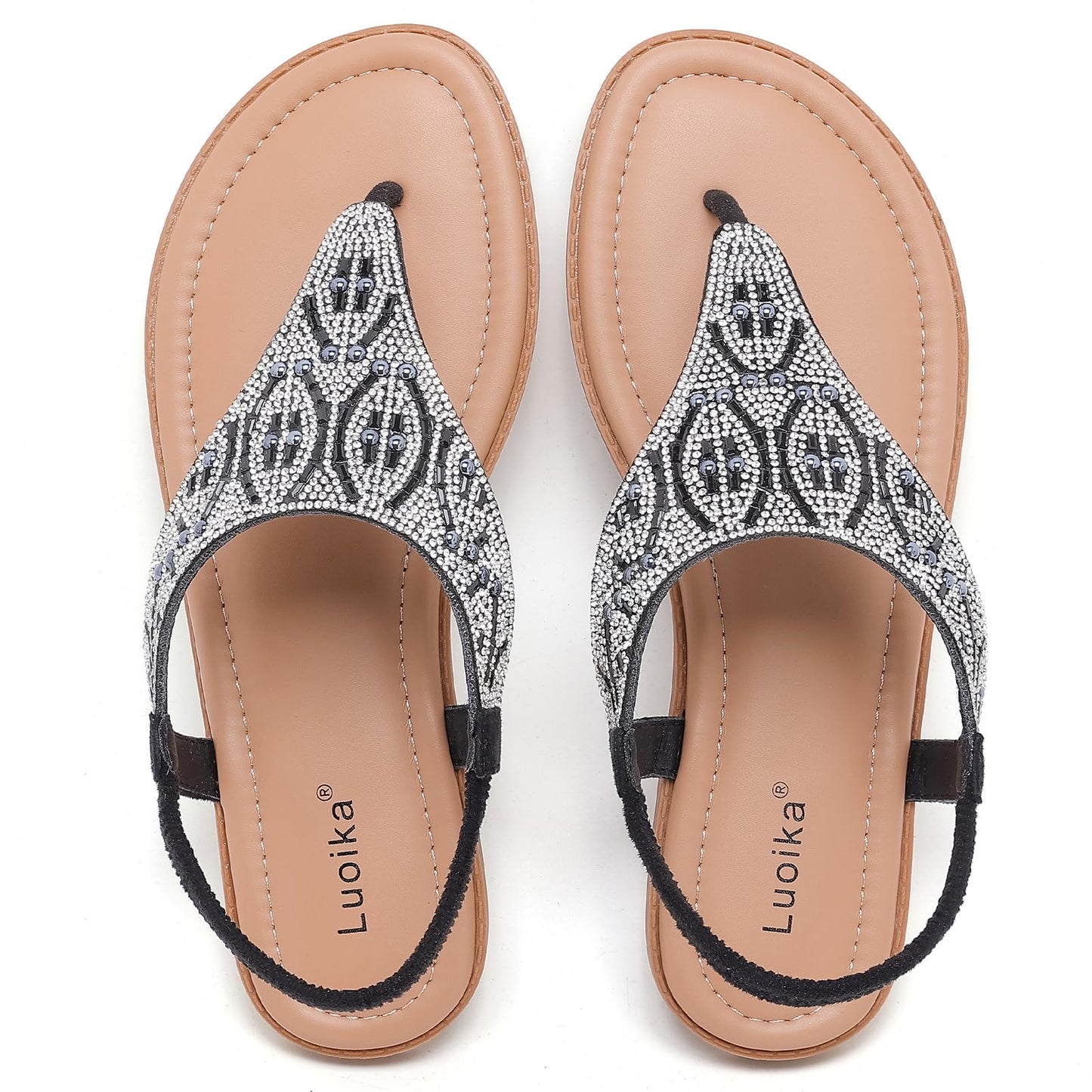 Luoika Women's Wide Width Flat Sandals, Flip Flop Thong Sandals Strappy Rhinestone Comfortable Summer Beach Shoes for Women.